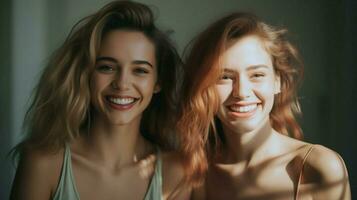 mooi jong Dames met toothy glimlacht binnenshuis foto