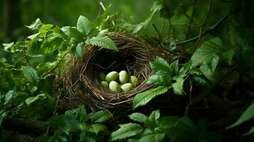 vogel nest Aan een Afdeling omringd door groen gras en vertrekken foto