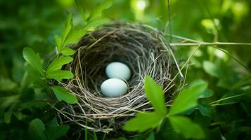 vogel nest Aan een Afdeling omringd door groen gras en vertrekken foto