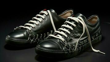zwart leer sport- schoen met ongedaan gemaakt schoenveter foto