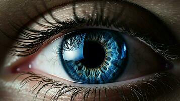 blauw iris staren dichtbij omhoog van menselijk oog foto