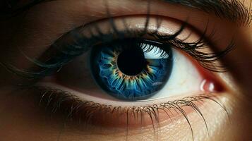 blauw iris staren dichtbij omhoog van vrouw oog foto