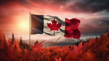 Canadees vlag golvend in levendig herfst backdrop foto