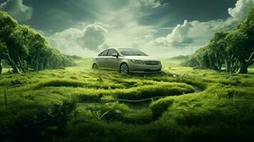 auto het rijden Aan groen gras omringd door natuur foto