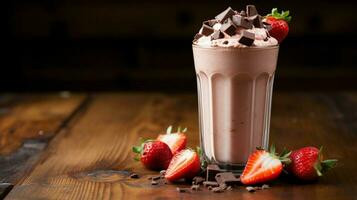 chocola en aardbei milkshake Aan houten tafel foto