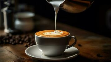 dichtbij omhoog van schuimig cappuccino gieten in koffie kop foto