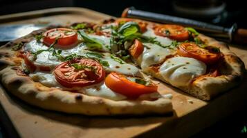 dichtbij omhoog van eigengemaakt gebakken pizza met vers Mozzarella foto