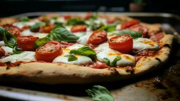 dichtbij omhoog van eigengemaakt gebakken pizza met vers Mozzarella foto