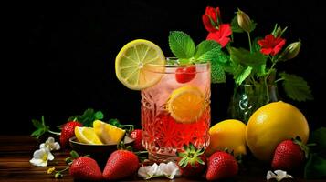 cocktail met citroen limoen en aardbei decoratie foto