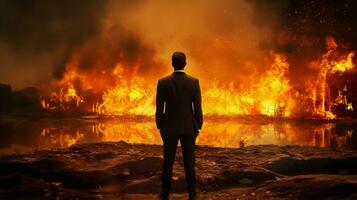 zelfverzekerd zakenman staand temidden van brandend natuurlijk foto
