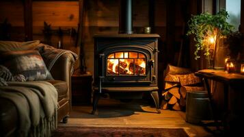 knus hout brandend fornuis binnen van rustiek huis gloeiend foto