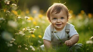 schattig baby jongen spelen buitenshuis glimlachen met onschuld foto