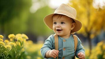 schattig baby jongen spelen buitenshuis glimlachen met onschuld foto