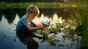schattig jongen spelen met een origami schip genieten van natuur foto