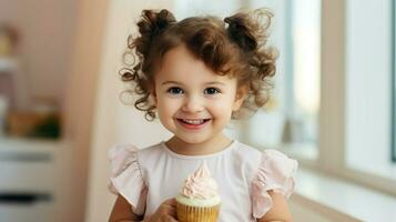 schattig baby meisje glimlachen terwijl aan het eten zoet koekje binnenshuis foto