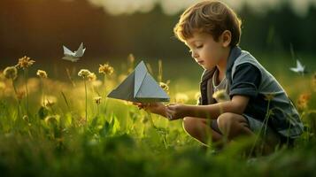 schattig jongen spelen met een origami schip genieten van natuur foto