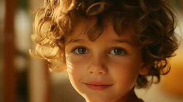 schattig Kaukasisch kind op zoek Bij camera dichtbij omhoog glimlachen foto