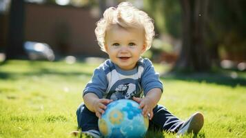 schattig Kaukasisch kleuter spelen buitenshuis Holding speelgoed- glimlachen foto