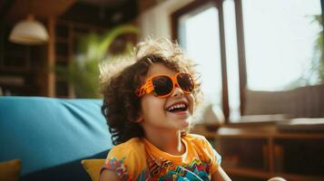 schattig kind in zonnebril geniet zomer pret binnenshuis foto