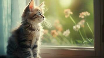 schattig huiselijk katje zit Bij venster staren buiten foto