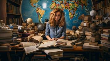 schattig meisje aan het studeren aardrijkskunde omringd door literatuur foto