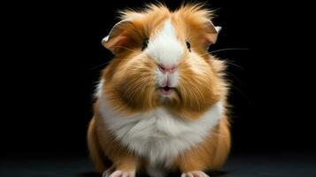 schattig Guinea varken met pluizig vacht zwart achtergrond op zoek foto