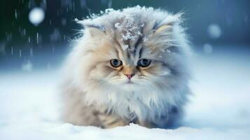schattig katje in sneeuw staren Bij camera pluizig en nat foto