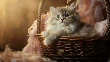 schattig katje zittend in een mand pluizig vacht en bakkebaarden foto