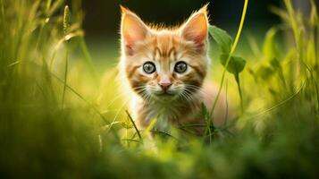 schattig katje zittend in gras op zoek Bij camera foto