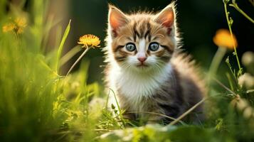 schattig katje zittend in gras op zoek Bij camera foto