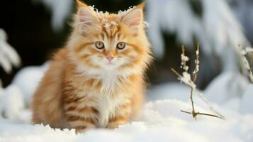 schattig katje zittend in sneeuw op zoek Bij camera pluizig foto