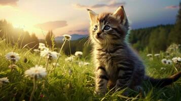 schattig katje zittend in gras staren Bij de mooi foto
