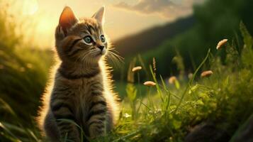 schattig katje zittend in gras staren Bij de mooi foto