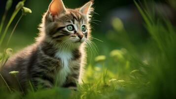 schattig katje zittend Aan gras staren met nieuwsgierig groen foto