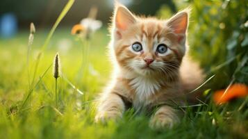 schattig katje zittend Aan groen gras staren Bij camera foto