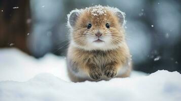 schattig zoogdier zittend in sneeuw staren Bij camera bakkebaarden foto