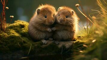 schattig zoogdier klein en pluizig zittend in natuur met gras begroeid foto