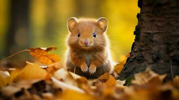 schattig zoogdier klein en pluizig zittend in de herfst Woud foto