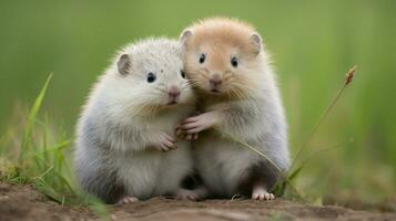 schattig zoogdier klein en pluizig zittend in natuur met gras begroeid foto