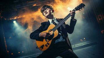 schattig schooljongen zanger presteert Aan stadium met gitaar foto