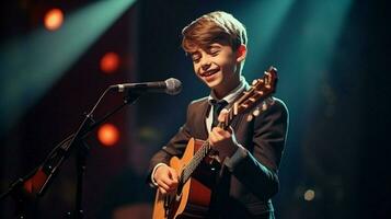 schattig schooljongen zanger presteert Aan stadium met gitaar foto