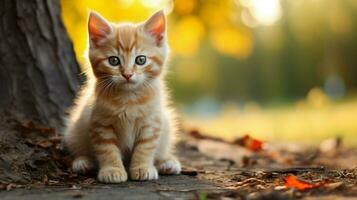 schattig klein zoogdier harig katje zittend buitenshuis staren foto