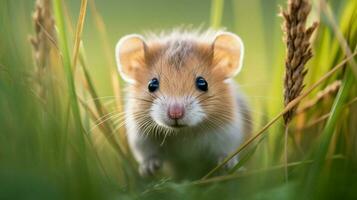 schattig klein zoogdier zittend in gras op zoek Bij u buitenshuis foto