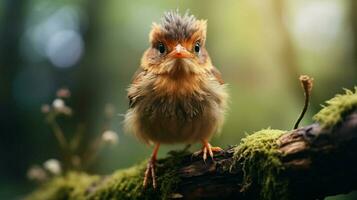 schattig jong vogel met bek op zoek Bij camera in natuur foto