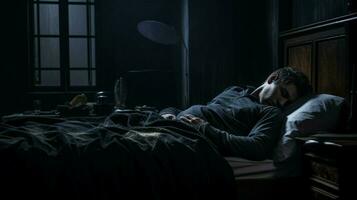 donker slaapkamer moe Mens resting Aan comfortabel hoofdkussen foto