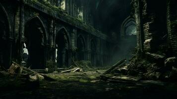donker spookachtig oud ruïneren met gebroken roestig muren en beschadigd foto