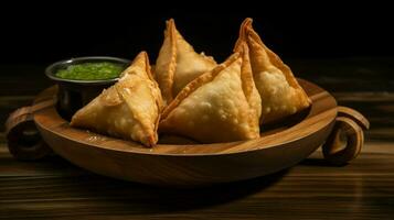 diep gebakken samosa's Aan rustiek houten bord foto