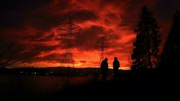 elektriciteit en natuur botsen in spookachtig silhouet schemer foto