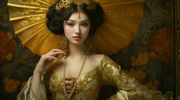 elegant schoonheid in goud en traditioneel kleding foto