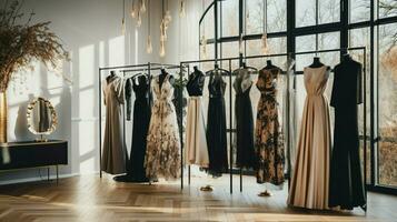 elegant mode verzameling hangende in modern winkel foto